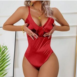 Corset V neck satin bodysuit I XXL (waist 32-33)  I Red